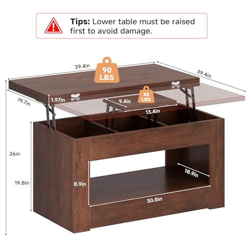 UNIQUITE 40" Lift Top Coffee Table, 4 in 1 Multi-Function Lift Coffee Tables with Storage and Hidden Compartment, Convertible Wood Coffee Tables to Dining Table for Living Room, Walnut - color: Walnut