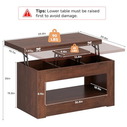 UNIQUITE 40" Lift Top Coffee Table, 4 in 1 Multi-Function Lift Coffee Tables with Storage and Hidden Compartment, Convertible Wood Coffee Tables to Dining Table for Living Room, Walnut - color: Walnut