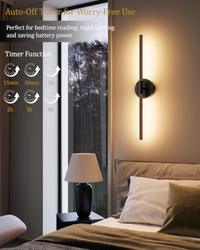40" Battery Operated Wall Sconce Set of 2, 350° Rotating Lamp, Walnut Black | Wireless, 8000mAh Rechargeable Battery, Stepless Dimming, 3000K-6000K, Remote & Touch Control, Timer, Living Room, Bedroom - color: Walnut Black, size: 40 Inch (2 Pack)