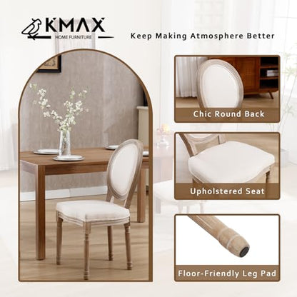 Kmax Farmhouse Dining Room Chairs, Brown Wood Legs Elegant Tufted Kitchen Chairs, French Distressed Bedroom Chairs with Round Back, Set of 2, Beige - color: Antique Brush-fabric-beige, size: 2 Chairs