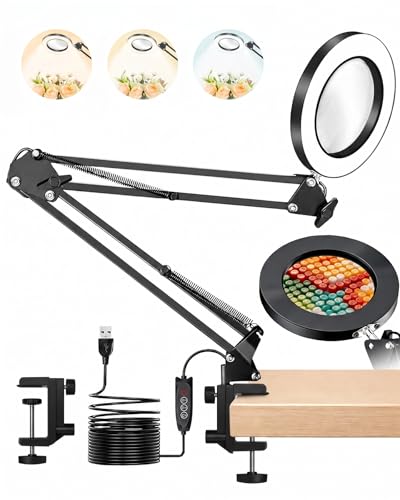 TANYO 10X Magnifying Glass with Light, 3 Color Mode, Hands Free | Real Glass Lens, Dimmable LED Light, C-Clamp, Flexible Desk Magnifier for Jewelry Sewing Crafts Embroidery Repair