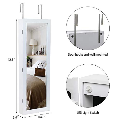 42.5" Wood Jewelry Mirror Cabinet,Wall or Door Mounted Jewelry Storage Cabinet,Space-Saving Large Jewelry Armoire Organizer,with Lock & LED Lights,for Living Room, Bedroom, Cloakroom (White) - size: 37x10x108cm
