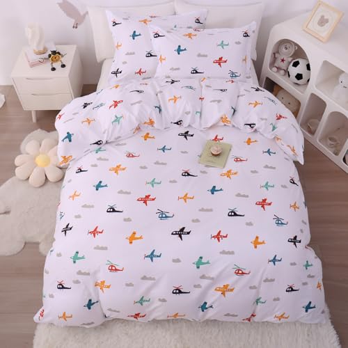JSD Airplane Kids Duvet Cover Set Twin Size | 2 Piece Soft Printed Microfiber Duvet Cover with Pillow Sham Zipper Closure, Comforter Not Included, Oeko-Tex Certified - color: Airplane, size: Twin
