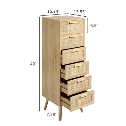 Finnhomy Rattan Dresser for Bedroom, Tall Dresser with 6 Hand Made Rattan Decorated Drawers, Small Chest of Drawers for Living Room, Closet, Hallway, Natural - size: 15.5"D x 15.7"W x 49"H (6 Drawers)