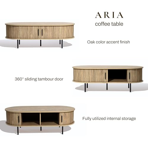 LuxenHome 47" Oval Coffee Table with Storage and Sliding Door | Mid Century Modern Coffee Table for Living Room, Sliding Door Center Table with Hidden Storage Space, Metal Legs