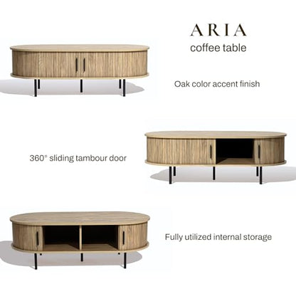 LuxenHome 47" Oval Coffee Table with Storage and Sliding Door | Mid Century Modern Coffee Table for Living Room, Sliding Door Center Table with Hidden Storage Space, Metal Legs
