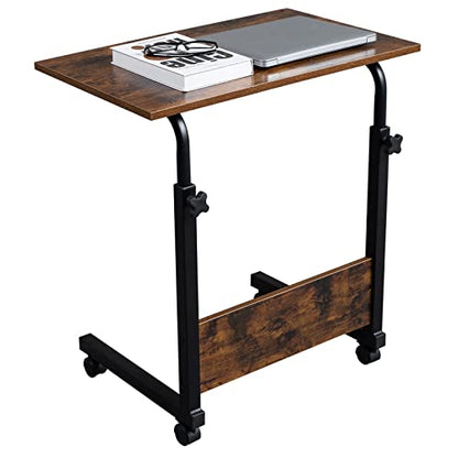 Sofa Side Table C Shaped End Table with Wheels, Rolling Bedside Laptop Table Snack Table TV Tray, Height Adjustable, Wooden Top & Metal Frame - color: Retro Brown, 23.6"