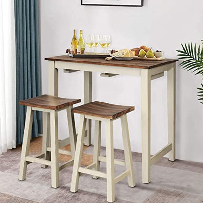 LUARANE 3 Pieces Bar Table Set, Modern Pub Dining Counter Height Table Set with 2 Saddle Bar Stools, Kitchen Counter Set for Living Room Dining Room, Brown & Milky White