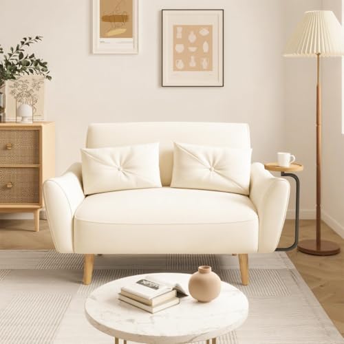 48" Loveseat Sofa - Small Couch for Small Spaces, Convertible Tray Sofa with 2 Pillows, Velvet Couch for Living Room, Bedroom, Apartment, Studio, Beige - color: Beige, size: Velvet
