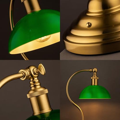O'Bright Bankers - Cordless LED Table Lamp, Battery-Operated, Rechargeable, 3-Level Dimming, Universal USB-C Charging, 180° Swivel Head, Classic Green Glass Shade, Antique Brass - color: Antique Brass-Green Glass