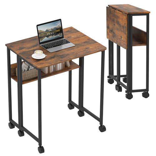 Folding Desk Small Rolling Desk with Storage Shelf,24.8 Inch Foldable Computer Table with Wheels,Portable Office Desk for Small Space Sofa Table,Easy to Fold,Writing Work Office Computer Desk,Walnut - color: 24.8“ Walnut