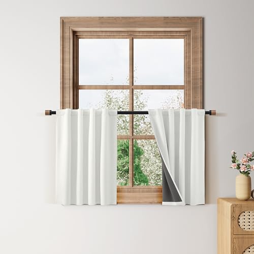 Ivory White 100% Blackout Kitchen Linen Curtains Back Tab Pleated Short Drape 24 Inch Length Privacy Elegant Mini Cafe Curtain for Rustic Farmhouse Sound Proof Bedroom Small Window 26x24 - color: Ivory, size: 26"W x 24"L (Pack of 2)