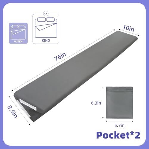 Vekkia King Bed Wedge Pillow for Headboard,Bed Gap Fille,Cover 0-6" Gap | Bed Wedge Mattress Gap Filler,High-Density Foam, Adjustable Pocket Position,Removable Cover, Gray,60"x10"x8.5" - color: Gray, size: King(76"x10"x8.5"-Large)