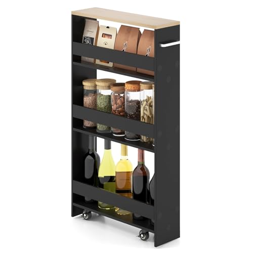 GIANTEX 4-Tier Rolling Slim Storage Cart, 5" Narrow Slide Out Kitchen Cart | Space-Saving Compact Mobile Utility Trolley with Handle & Open Shelves for Small Space, Laundry Room (Black & Natural) - color: Black & Natural, size: 5"W