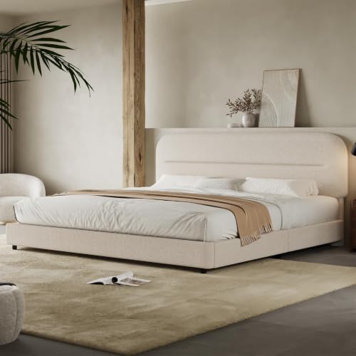 HOMBCK King Size Bed Frame, Upholstered Boucle Bed Frame King with Headboard, Soft Cloud Bed Frames with Thickened Footboard, Rounded Corners, No Box Spring Required, Easy Assembly, Cream - color: Cream, size: King