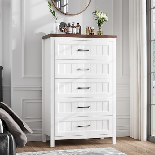 Jocoevol 5 Drawer Dresser for Bedroom - Farmhouse 44.9" Tall Chest of Dresser with Large Storage, Rubst Wood Construction for Living Room, Hallway & Entryway - White (White & Brown) - color: White & Brown