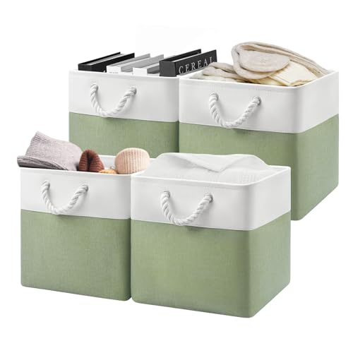 Patvingot 13-Inch Fabric Cube Storage Bins with Handles,4 Pack,Foldable | For cube shelves and closets,keeps grouped for everyday access,reinforced opening and fold-flat storage,white and green - color: White/Green, size: 13"×13"×13"-4Pack