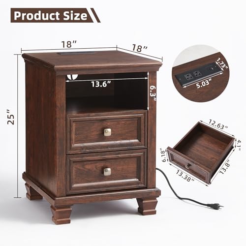 Farmhouse Nightstand with Charging Station, Walnut | End Tables Bedroom with 2 Drawers, Traditional Night Stand with Open Shelf & Thickened Top & Square Wooden Legs - color: Walnut, size: 18"D x 18"W x 25"H (2 Drawers)