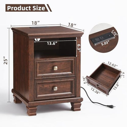 Farmhouse Nightstand with Charging Station, Walnut | End Tables Bedroom with 2 Drawers, Traditional Night Stand with Open Shelf & Thickened Top & Square Wooden Legs - color: Walnut, size: 18"D x 18"W x 25"H (2 Drawers)