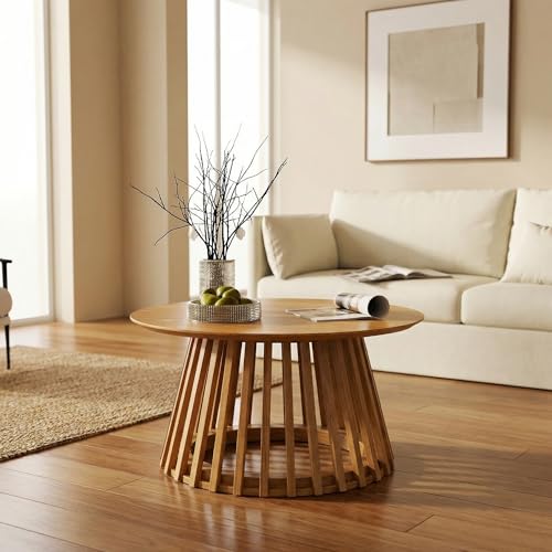 HNY Natural Round Coffee Table, Wood 31.5" Center Table for Living Room | Modern Mid Century Circle Coffee Table with Fluted Base for Outdoor Patio, Home Small Space, Bedroom, Apartment, Studio - color: Natural