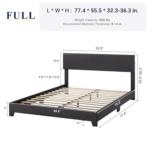 Allewie Full Size Faux Leather Bed Frame, Adjustable Headboard, Black | Platform Bed with Heavy Duty Mattress Foundation, Noise-Free, Easy Assembly, Wood Slat Support, No Box Spring Needed - color: Cool Black, size: Full