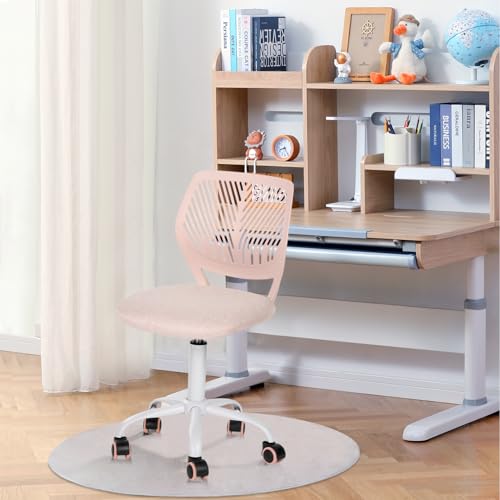 FurnitureR Pink Kids Desk Chair, Swivel Adjustable Study Chair with Fabric Cushion and Rolling Wheels, Armless Lightweight Task Chair for Cozy Study Rooms & Gifting - color: Pink