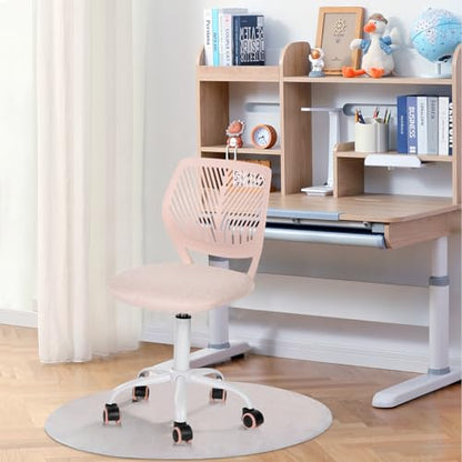 FurnitureR Pink Kids Desk Chair, Swivel Adjustable Study Chair with Fabric Cushion and Rolling Wheels, Armless Lightweight Task Chair for Cozy Study Rooms & Gifting - color: Pink