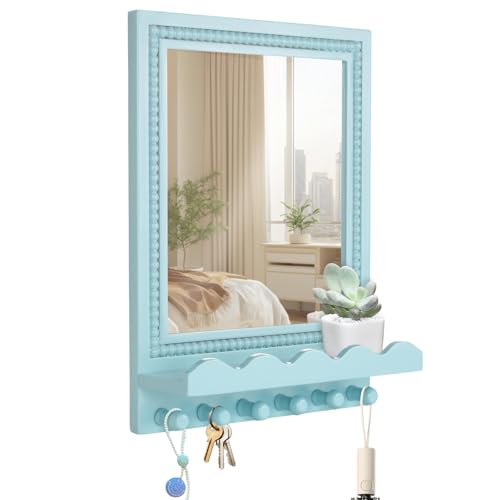 Tirzah 16x12 Inch Wall Mount Beaded Wood Framed Mirror with Shelf and 6 Hooks, Blue Decorative Entryway Mirror with Storage for Laundry Room, Bathroom, Bedroom - color: Light Blue