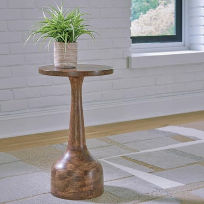 Signature Design by Ashley Round Pedestal Accent Table, Joville | Wood pedestal side table, Compact 14-in diameter tabletop, Space-saving profile for tight nooks, Contemporary home styling - color: Medium Brown