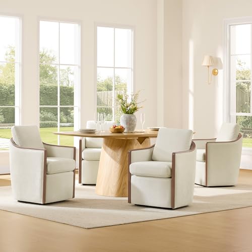 CHITA Upholstered Dining Chairs Set of 4 with Hidden Casters, Cream | Fully Assembled Modern Dining Chair with Backrest & Wood Armrest, Chenille Barrel Chairs for Dining Room, Kitchen Chairs - color: Cream, size: set of 4