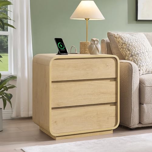 Standifurno Natural Curved Nightstand Set of 2, 23.2" Large Wood Bedside Table with 3 Drawers, Charging Station, Modern Side Table, Mid-Century End Table Night Stand for Bedroom Sofa - color: Natural, size: 3 Drawer(2PC)