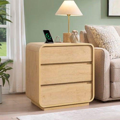 Standifurno Natural Curved Nightstand Set of 2, 23.2" Large Wood Bedside Table with 3 Drawers, Charging Station, Modern Side Table, Mid-Century End Table Night Stand for Bedroom Sofa - color: Natural, size: 3 Drawer(2PC)