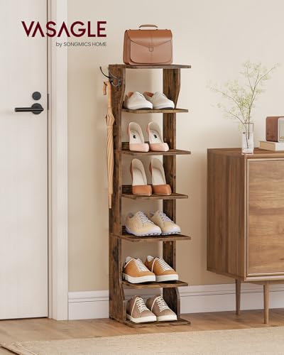 VASAGLE 7-Tier Vertical Shoe Rack, Narrow Shoe Storage Organizer with Hooks | Slim Corner Tower Shelf, Space Saving for Entryway and Bedroom, Rustic Brown, ISLAND Collection ULBS200KD01 - color: Rustic Brown, size: 7 Tiers (10.4"W)