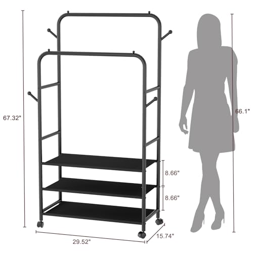 Furologee Clothes Racks for Hanging Clothes, Double Rods Clothing Rack with 3-Tier Storage Shelves, Rolling Garment Wardrobe with Wheels, Portable Free Standing Closet for Bedroom, Laundry Room, Black