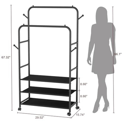 Furologee Clothes Racks for Hanging Clothes, Double Rods Clothing Rack with 3-Tier Storage Shelves, Rolling Garment Wardrobe with Wheels, Portable Free Standing Closet for Bedroom, Laundry Room, Black
