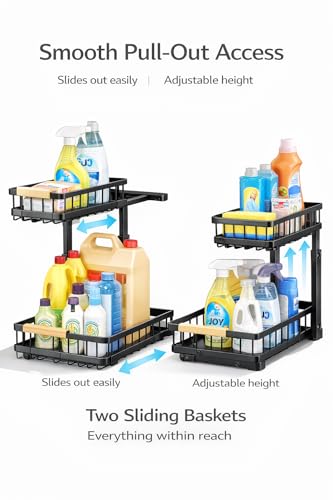 Lumela Under Sink Organizer, 2-Tier Slide-Out Cabinet Organizer Shelf, Height Adjustable Metal Pull-Out Storage Rack with Wood Handle for Kitchen & Bathroom Cabinets (Black)