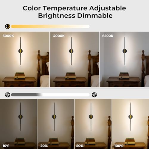 Rechargeable Wall Light 28.3" Detachable 360°Rotation with Remote Set of 2 | Battery Operated Wall Sconces 3000-6500K LED Wall Lamp for Bedroom Hallway 10000mAh Black Gold - color: Black-Round Base, size: 2 Pack