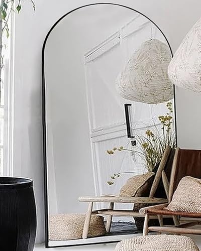 Floor Mirror, 90"×46" Arched Full Length with Stand, Standing, Full Body, Large, Wall, Freestanding, Aluminum Frame - Black - color: Black, size: 90"L x 46"W