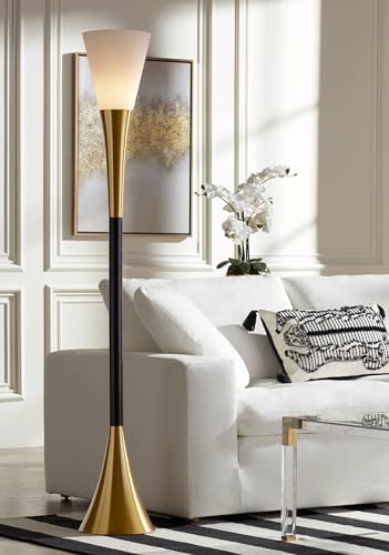 Piazza 72 1/2" Tall Brass and Black Torchiere Floor Lamp | Mid Century Modern Glam Style 5 Antique Metal White Glass Shade for Living Room Reading House Bedroom Home Office - color: Black and Gold