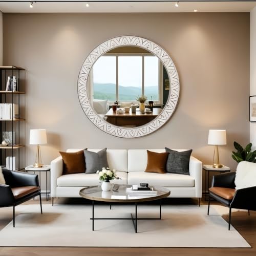 Rustic Round Wood 36 Inch Farmhouse Mirror, Wall Mount, Framed, White, Flower White, Modern & Rustic Style, Decorative Wall Mirror for Living Room, Bedroom, Entryway, Bathroom - color: Flower White, size: 36"L x 36"W