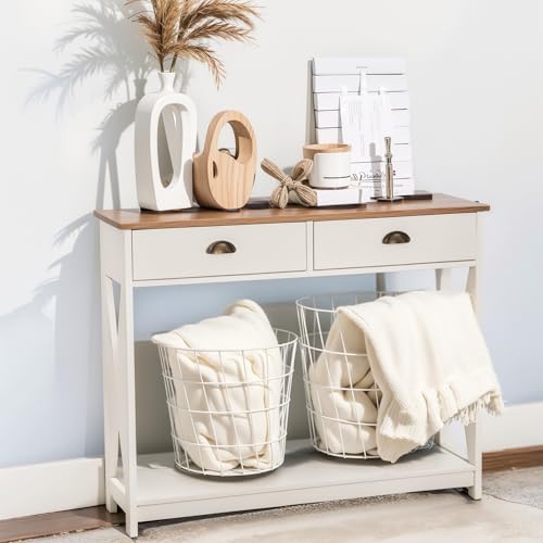 PHI VILLA White Entryway Table, Narrow Console Table with Drawers, 2 Tiers - color: Ivory 2