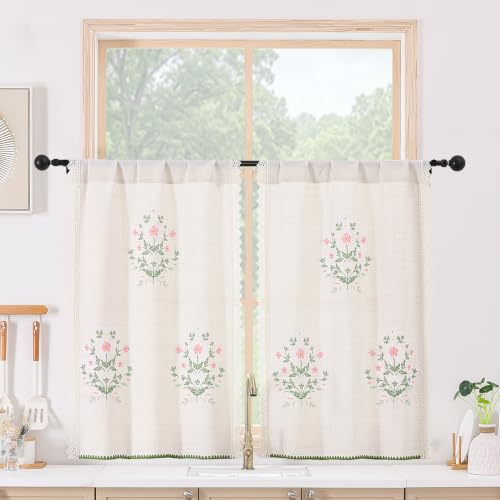 Chyhomenyc 36 Inch Floral Short Curtains, Light Filtering Faux Linen Tier Curtains with Floral Print Lace Edge, Half Window Curtains for Kitchen Bathroom, 26" W x 36" L, 2 Panels - size: 26"W x 36"L (Pack of 2)