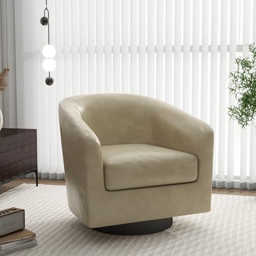 Swivel Barrel Accent Chair, Comfy Reading Armchair, Cream, Set of 1 | Club Chairs for Adults, Low-Back Design, Modern Round Style, Solid Wood Frame & Metal Swivel Base, For Living Room & Bedroom - color: Cream