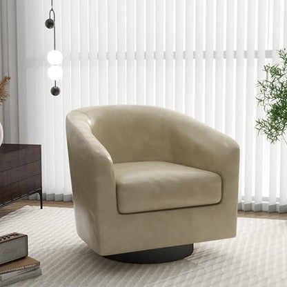 Swivel Barrel Accent Chair, Comfy Reading Armchair, Cream, Set of 1 | Club Chairs for Adults, Low-Back Design, Modern Round Style, Solid Wood Frame & Metal Swivel Base, For Living Room & Bedroom - color: Cream