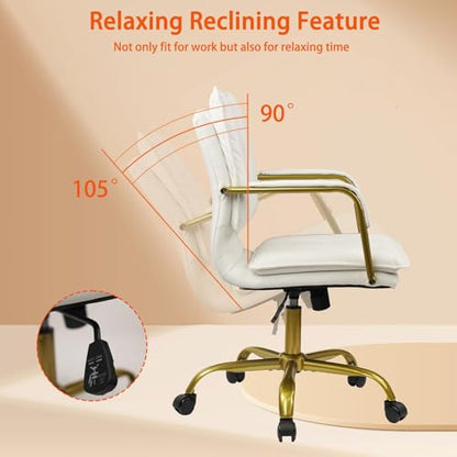 CLATINA Leather Home Office Desk Chair, Swivel Mid-Back Computer Chair with Golden Legs and Arms, Comfy Upholstered Task Chair with Wheels, White - color: White