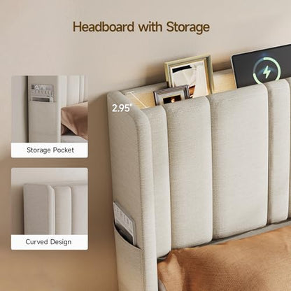 Queen Size Headboard with Storage, LED Light, Linen Vertical Wingback Headboard with Charging Station, Upholstered Head Board Queen w/High-Density Sponge Padding, 2 Storage Pockets, Off White | Linen Vertical Wingback Headboard w/ Charging Station, Uphols