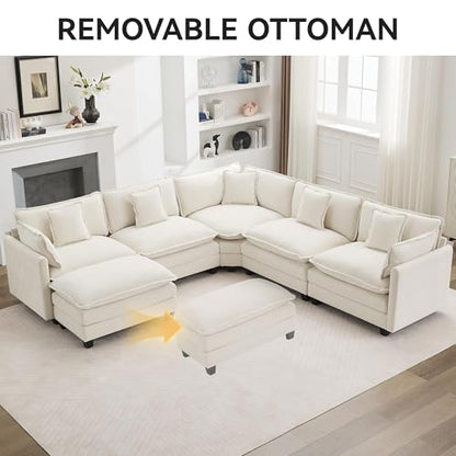 113'' V Shaped Cloud Sectional Sofa, Oversized Deep Seat Couches for Living Room, Chenille Comfy Upholstered Modular Sectional Sofa Couch, Beige - color: Beige, size: 113'' V Shape