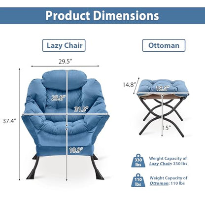 Youtanic Lazy Chair with Folding Ottoman, Accent Chair Velvet Upholstered with Metal Structure and Non-Slip Pads, Sofa Armchair with Footrest and Side Storage Bag for Dorm, Room, Office, Light Blue - color: Light Blue