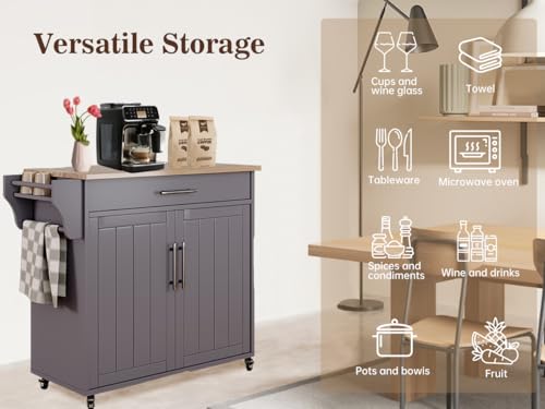 Kitchen Storage Island, Wooden Rolling Island On Wheels with Countertop, Mobile Kitchen Island Cart with Towel Rack, Spice Rack and Drawers, Grey - color: Grey