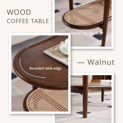 Modern Rattan Coffee Table, 39.5 Oval Walnut Wood Coffee Table with Storage Shelf for Living Room, 2-Tier Center Table Entryway Table Side Table Nightstand for Bedroom Office Small Space Cafe - color: Walnut